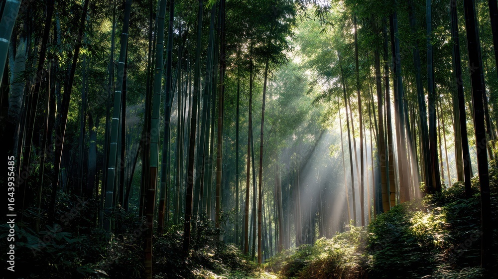 Obraz premium Serene Bamboo Forest with Light Streaming Through Green Canopy