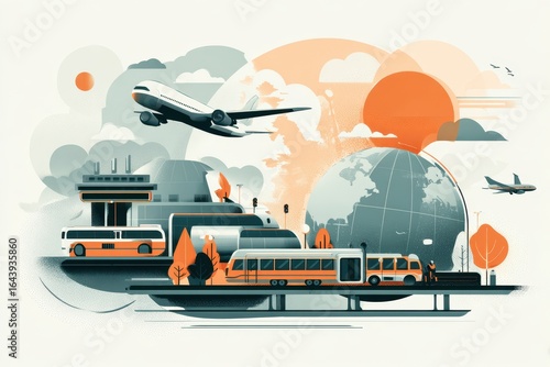 airplane flying over globe, orange, travel scene clip art preview
