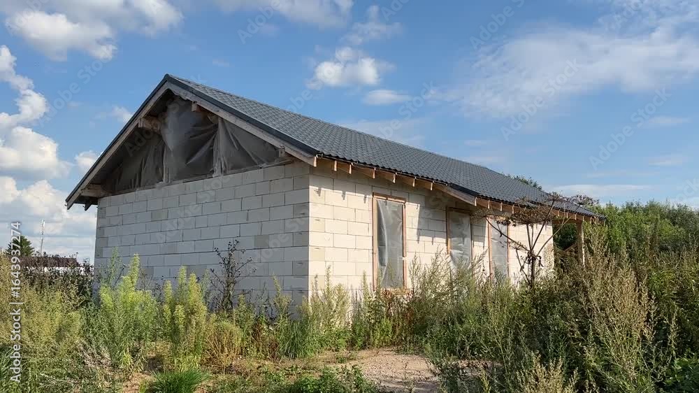 Construction of a country single-storey house made of gas blocks. Unfinished house. House for sale without windows Construction of a country single-storey house made of gas blocks. Unfinished house. House for sale without windows