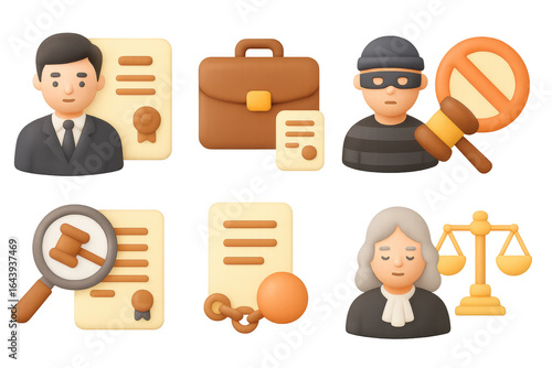 3d legal justice icons with judge, lawyer, briefcase, and scales for law concepts