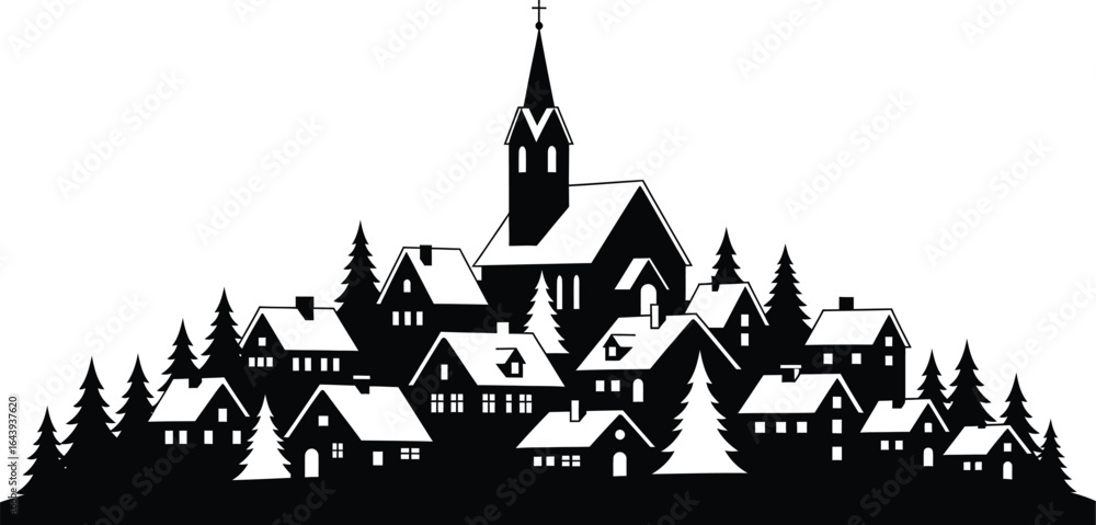 Fototapeta premium Silhouette of a village with a church and houses isolated on white background