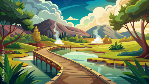A wooden walkway winds gracefully through Kuirau Park, Rotorua, surrounded by lush greenery, steaming geothermal vents, and tranquil ponds reflecting the soft glow of the afternoon sunlight.