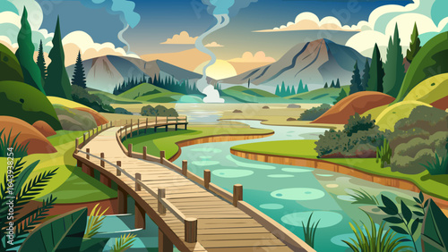 A wooden walkway winds gracefully through Kuirau Park, Rotorua, surrounded by lush greenery, steaming geothermal vents, and tranquil ponds reflecting the soft glow of the afternoon sunlight.