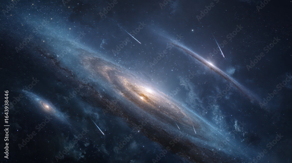 Fototapeta premium Majestic Celestial Background with Spiral Galaxies and Falling Meteors