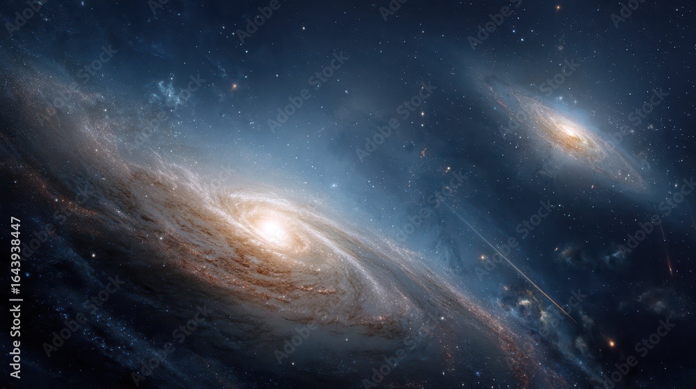 Fototapeta premium Celestial Background with Spiral Galaxies and Shooting Meteors