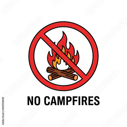 No Campfires A Warning Sign Depicting a Bonfire with a Red Circle and Cross, Illustrating a Prohibition