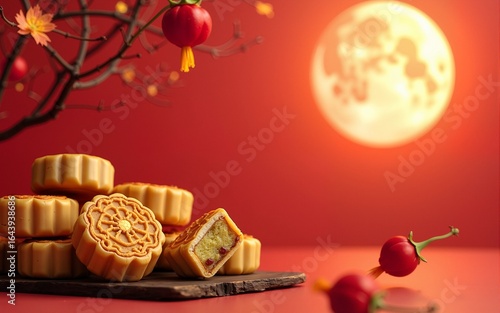 Chinese traditional holiday Mid autumn festival holiday background with mooncakes. High quality