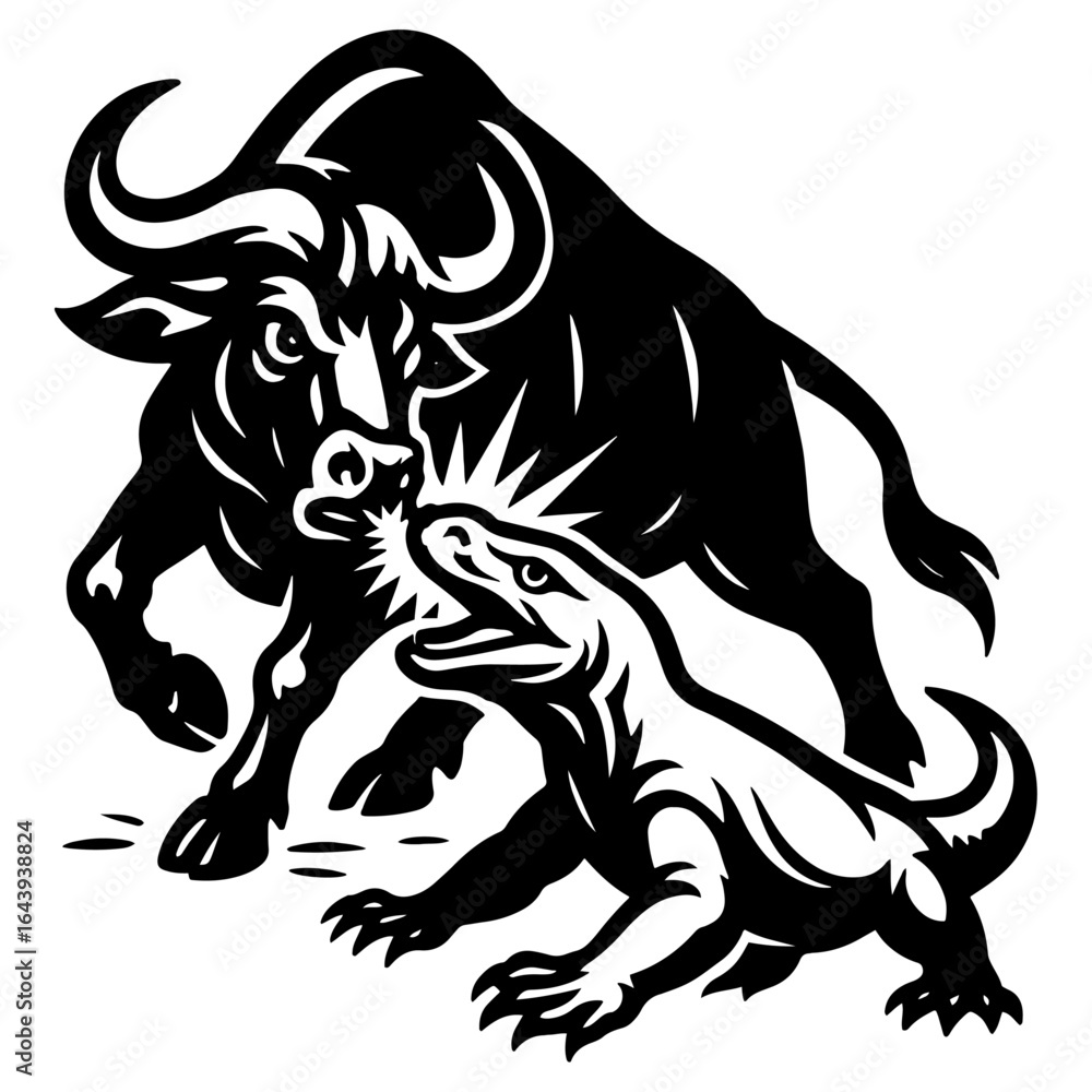 Fototapeta premium Komodo Dragon Biting Buffalo Vector Illustration