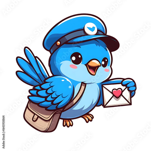 Blue bird character wearing postal uniform holding love letter isolated on a transparent background cartoon