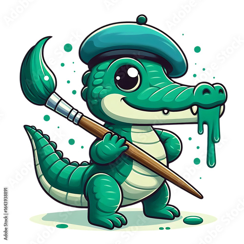 Artistic alligator with green paint and brush isolated on a transparent background beret cartoon