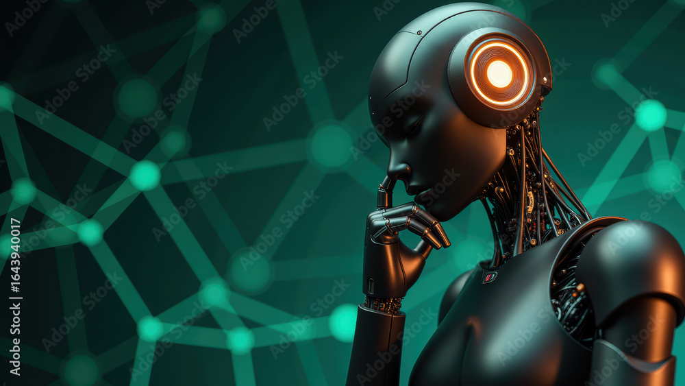 Naklejka premium Futuristic robot with sleek design and glowing elements, deep in thought against digital background