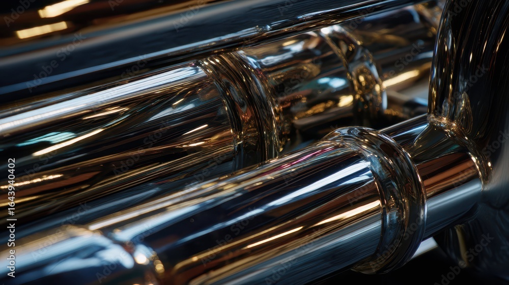 Naklejka premium Close-Up of Chrome Pipe Reflecting Light with Intricate Patterns