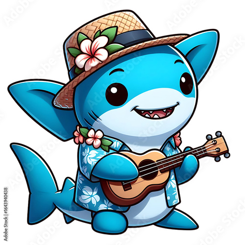 Blue shark wearing straw hat playing ukulele isolated on a transparent background image