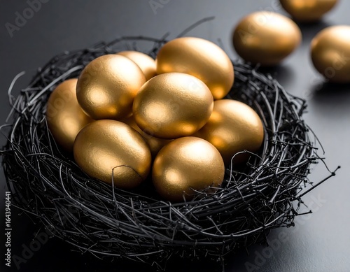 Golden eggs nestled in a dark nest.