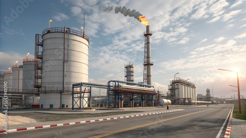 A hyper-detailed, ultra-realistic modern oil refinery under a bright blue sky, featuring towering distillation units, vast storage tanks, and a complex network of pipelines