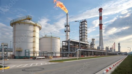 A hyper-detailed, ultra-realistic modern oil refinery under a bright blue sky, featuring towering distillation units, vast storage tanks, and a complex network of pipelines