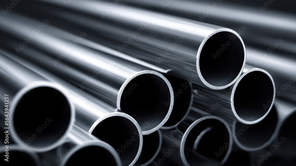 Close-Up View of Clean Stainless Steel Pipes on Dark Background Close-Up View of Clean Stainless Steel Pipes on Dark Background