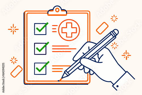 Medical checklist and healthcare survey concept, Hand completing a health form, Vibrant outline vector illustration - Generative AI
