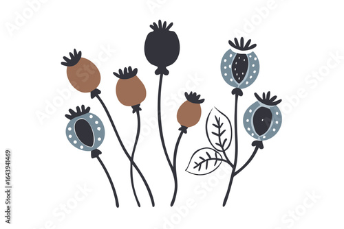 Stylized poppy seed pods in black and blue