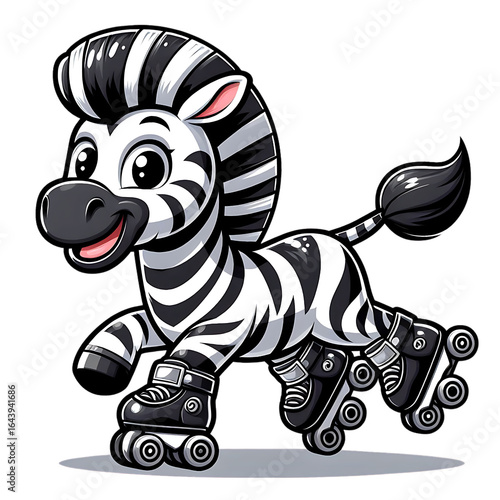 Cartoon zebra roller skating isolated on a transparent background animal black