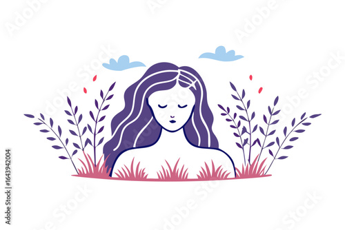 Woman with purple hair in floral field illustration