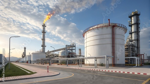 A hyper-detailed, ultra-realistic modern oil refinery under a bright blue sky, featuring towering distillation units, vast storage tanks, and a complex network of pipelines