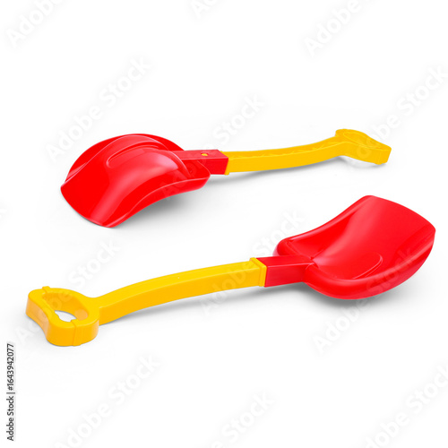 A red plastic toy shovel or shovel on a white background.