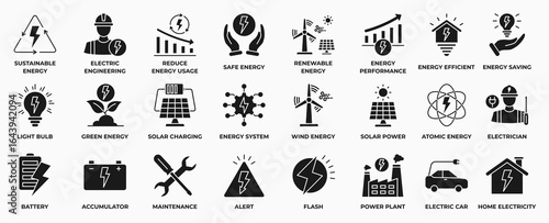 Electricity, electrical energy solid icon collection set. Contains icons Electric power line, energy, light bulb and electrical equipment. Vector Illustration.