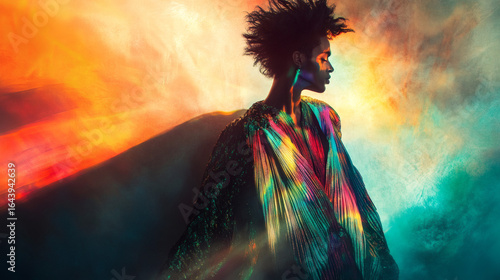 A colorful, artistic portrait of a person in a vibrant, pleated garment.
