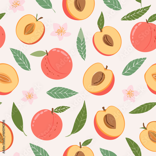 Seamless pattern with whole peaches, peach halves, green leaves, and pink blossoms on pastel background. Fresh summer fruit design in minimal, clean, hand-drawn retro style