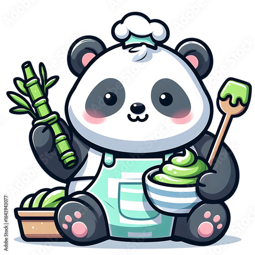 Chef panda with bamboo and green dessert isolated on a transparent background image