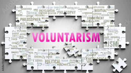 Voluntarism as a complex subject, related to important topics. Pictured as a puzzle and a word cloud made of most important ideas and phrases related to voluntarism. ,3d illustration
