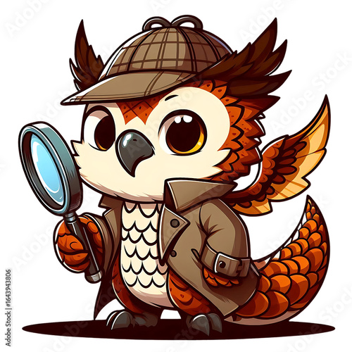 Curious owl detective examining with magnifying glass isolated on a transparent background image