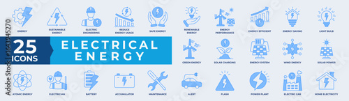 Electrical Energy Blue Line Icon Collection Set. Containing electric, energy, battery, solar, renewable, sustainable, sun, safe energy and performance. Simple Blue Line Vector Illustration.