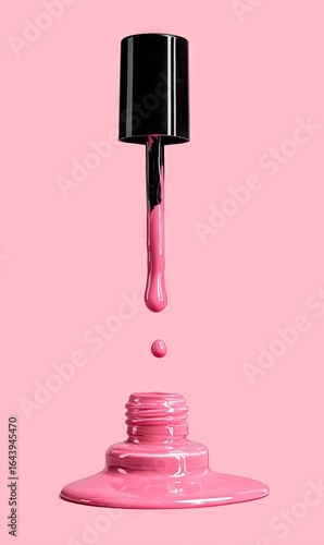 Pink nail polish bottle with a single drop falling from the brush against a pale pink background.  The polish is glossy and the bottle is slightly opened