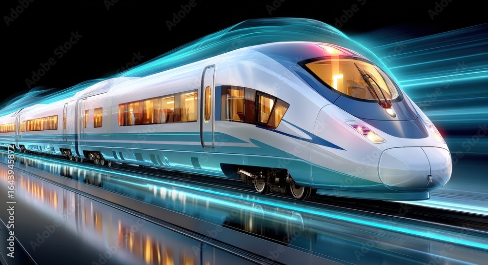 Fototapeta premium High-speed modern train traveling with a futuristic background at night