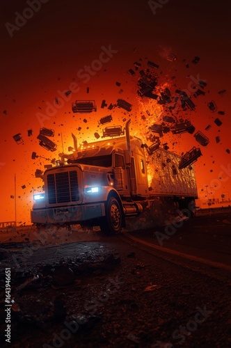 Truck Engulfed in Flames Explodes Violently on a Dark Road