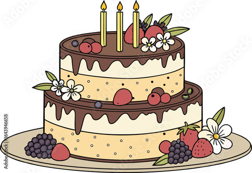 Realistic Birthday Cake Illustration for Celebration Art. Delicious Realistic Birthday Cake for Party Design. Elegant Realistic Birthday Cake for Special Occasion. Gourmet Realistic Birthday Cake