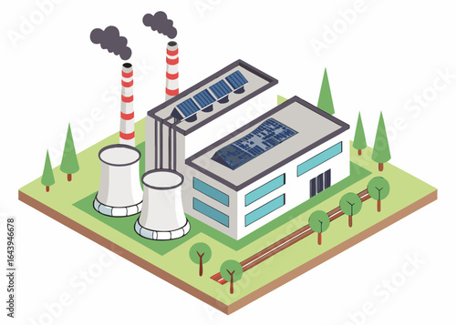 Eco-industrial factory with a carbon capture system converting CO2 to O2, designed for carbon credit-friendly operations.
