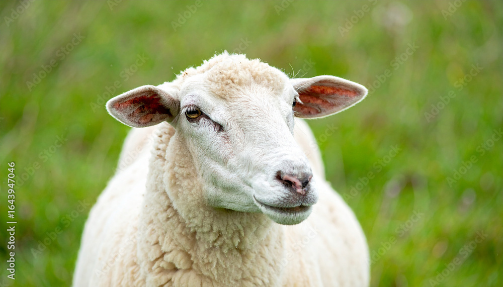 Fototapeta premium Portrait of cute white sheep. Domestic animal. Blurred green pasture.
