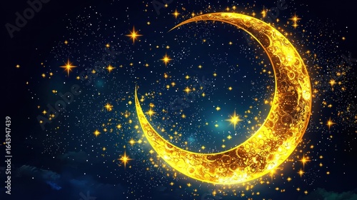 Crescent moon and stars on dark blue sky background