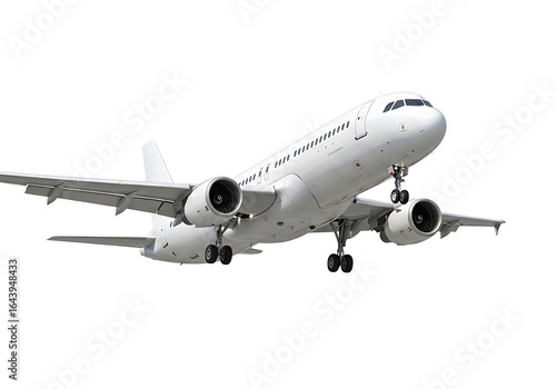 White passenger airplane taking off isolated on white background