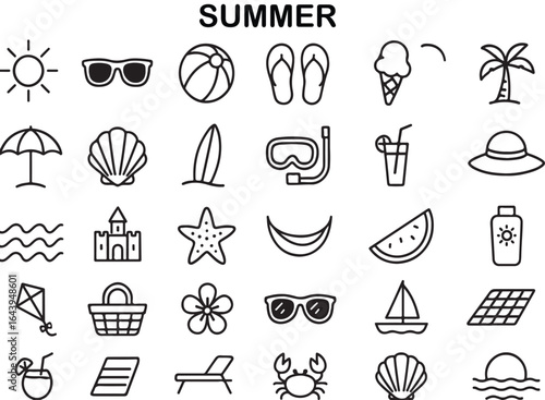 Collection of hand drawn summer vacation icons and symbols for beach and travel