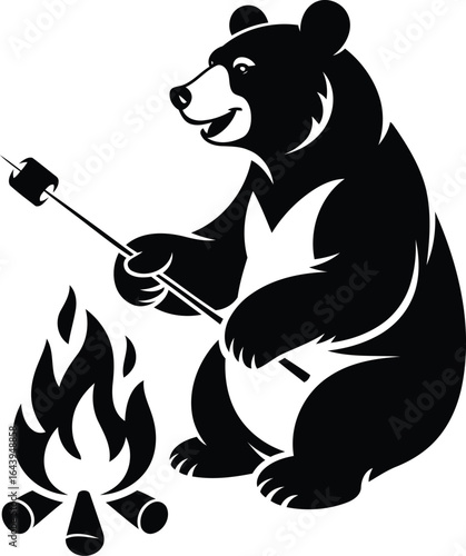 Bear Roasting Marshmallow at Campfire Silhouette Vector Design, Transparent Background.