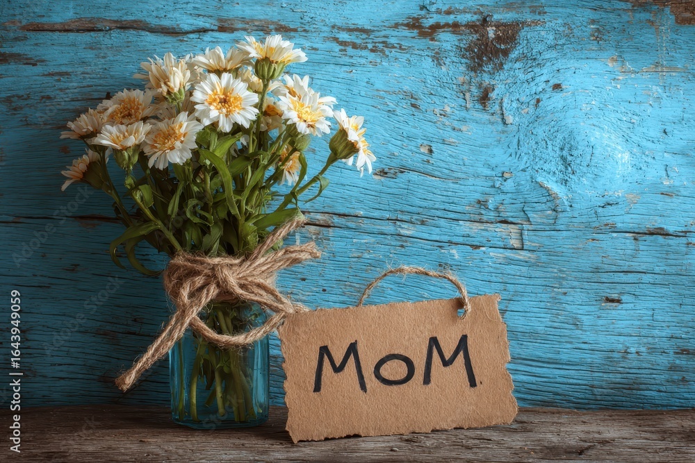 Naklejka premium Bouquet of flowers with a tag reading Mom beside it on a rustic wooden table