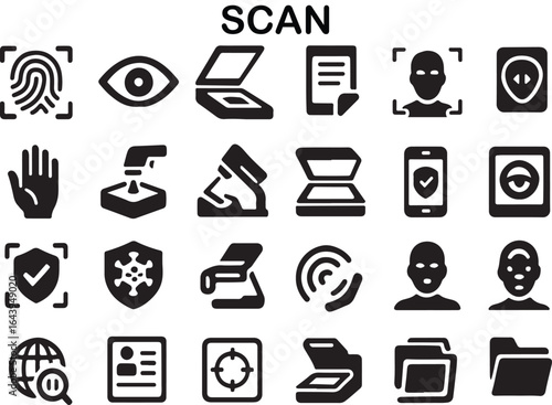 Collection of security and identification icons including fingerprint eye hand scanner and facial recognition