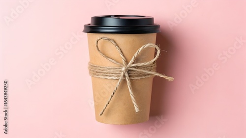 Takeaway coffee cup with twine bow on pink background
