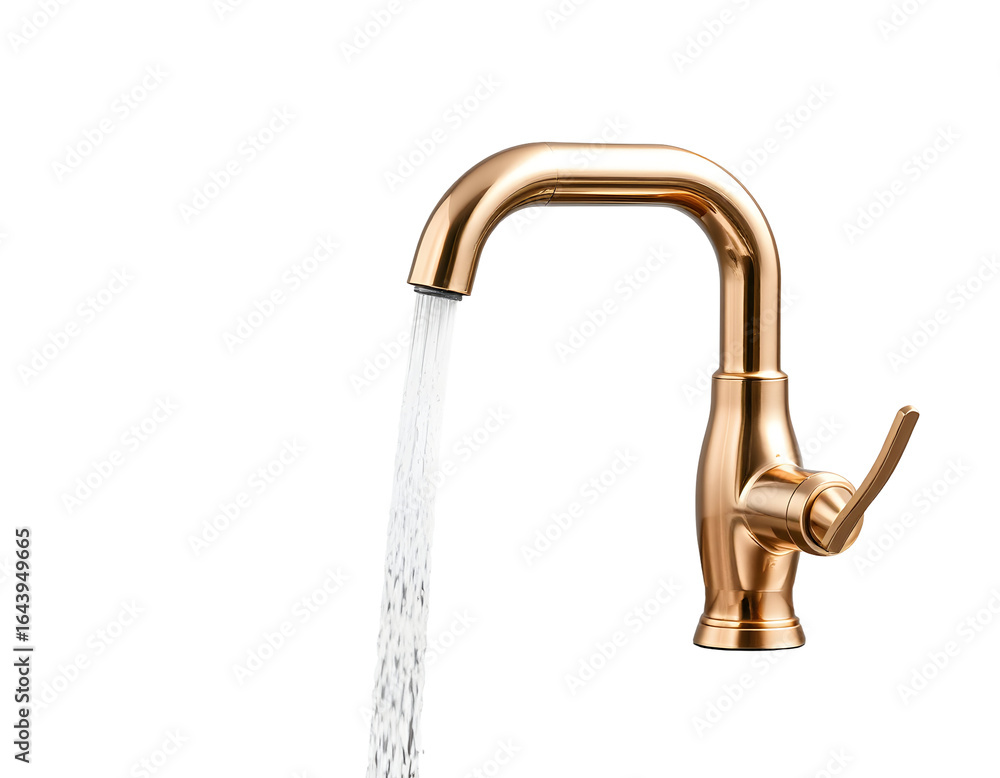 Golden faucet with running water, isolated on a transparent background Golden faucet with running water, isolated on a transparent background