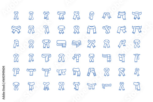 Vector art of set of handdrawn scarf icons depicting various styles and ways of wearing them, isolated