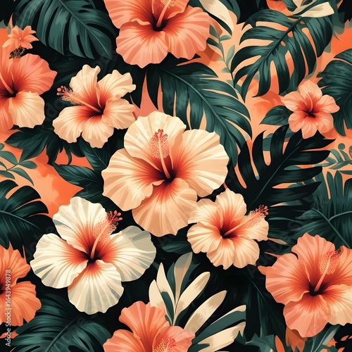 Wallpaper Mural Seamless pink hibiscus flower and leaf pattern vector illustration Torontodigital.ca